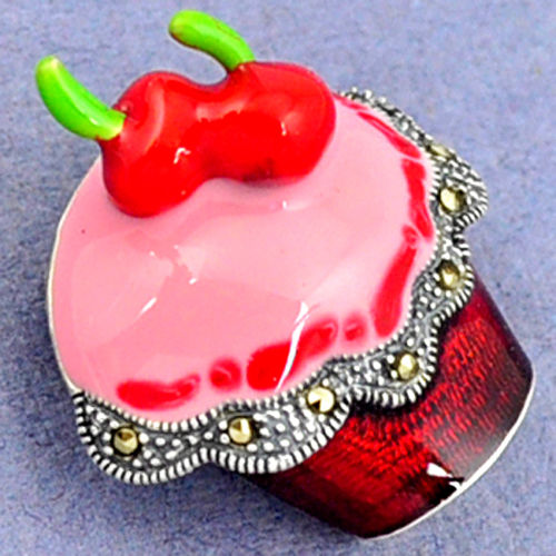 Red Pink Enamel Cupcake Pendant